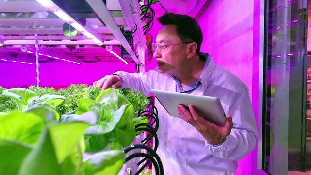 Scientist examines leafy greens in an indoor hydroponic farm using tablet under purple LED lights. High-tech eco farming enhances sustainable food production and smart agriculture innovation.