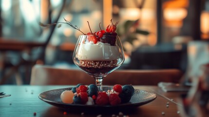 Cocktail glass with fruit garnishes in restaurant setting elegant food and drink editorial lifestyle night scene