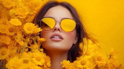 Fototapeta premium Woman wearing yellow sunglasses with matching flower background fashion editorial color matching style scene