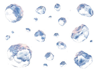 A scattered array of icy asteroids floating against a stark black background in outer space view