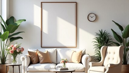 Modern living room interior design mockup with white sofa