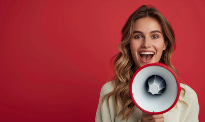 Excited woman holding a megaphone against a red background.