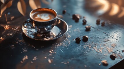 Cup of espresso on dark table with coffee beans elegant food photography editorial lifestyle beverage