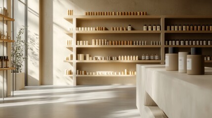 Interior spa display shelves with natural cosmetics warm sunlight beauty product editorial retail background