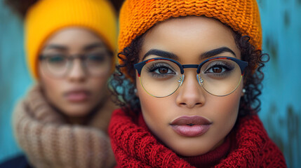 Confident woman in glasses and hat, stylish winter fashion.