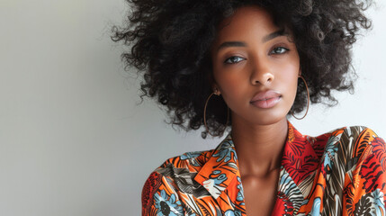 Confident woman with natural afro hairstyle in vibrant fashion