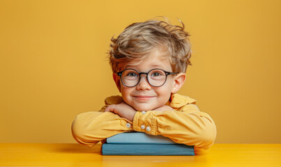 Smiling boy in glasses resting on books, yellow background