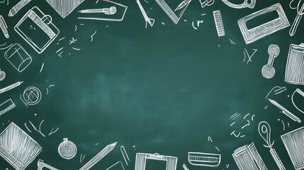 
A dark green chalkboard background is framed by hand-drawn white line art doodles of school supplies and stationery items. The center is empty, surrounded by learning related illustrations.