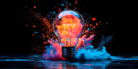 Creative lightbulb concept with colorful powder explosion symbolizing bright ideas and innovative solutions for business and technology
