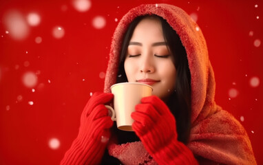Smiling woman in white hat holding a coffee cup in winter outfit