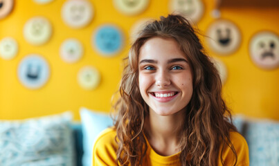 Smiling teenage girl with curly hair against yellow background.