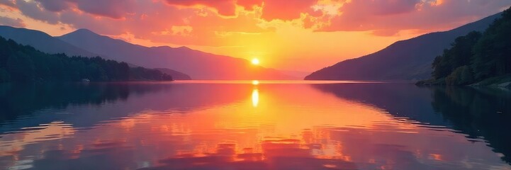 Fototapeta premium Vibrant sunrise over a tranquil lake, reflecting the peaceful colors of wellbeing and serenity Perfect for wellness, mindfulness, and healthy lifestyle concepts , outdoor, hope