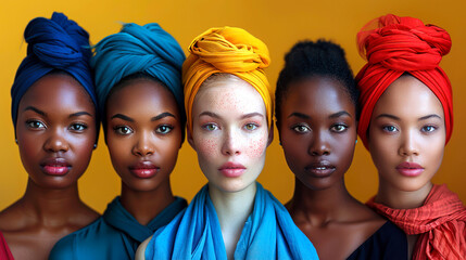 Diverse women with colorful head wraps, vibrant background