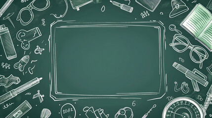 
A dark green chalkboard background is framed by hand-drawn white line art doodles of school supplies and stationery items. The center is empty, surrounded by learning related illustrations.