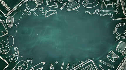 
A dark green chalkboard background is framed by hand-drawn white line art doodles of school supplies and stationery items. The center is empty, surrounded by learning related illustrations.
