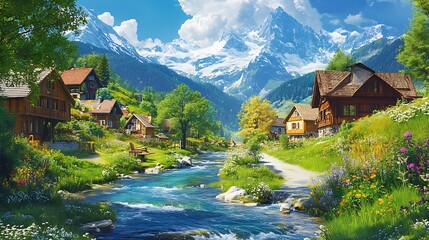 Naklejka premium Picturesque alpine village nestled beside a babbling brook.
