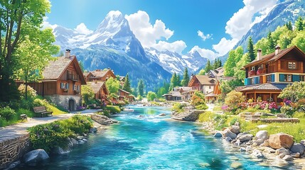 Naklejka premium Picturesque alpine village nestled beside a crystal-clear river.