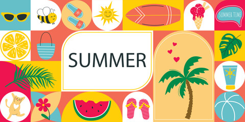 Bright colorful summer banner with beach holiday attributes. Horizontal template with geometric elements and icons. Hot summer holiday season. Vector graphics