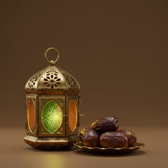 Naklejka premium Ornate golden lantern with dates on a plate. Illuminated lantern with dates rests on a simple brown surface. Decorative Ramadan item with food for a cultural stock image -