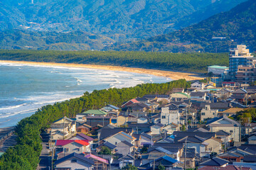 Fototapeta premium Karatsu bay with townscape of Karatsu, viewed from Karatsu Castle, Karatsu, Saga, Kyushu, Japan