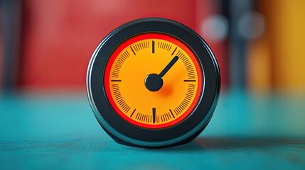 A close up of a round black clock with an orange face and black hands sitting on a blue surface