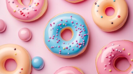 Pink donuts with sprinkles on light background colorful sweet dessert pattern top view image