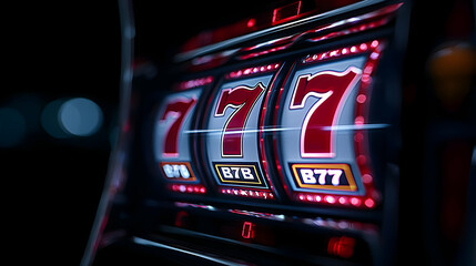 Close Up Of Glowing Slot Machine With 777