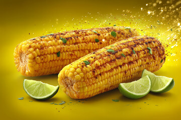 Chili-lime corn cobs arranged on vibrant yellow surface.