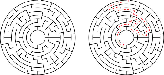 Two circular mazes showing challenge and solution one with a red path indicating the correct route