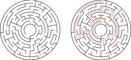 Circular maze illustrating solution path through complex black and white labyrinth