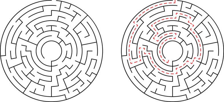 Circular maze illustrating solution path through complex black and white labyrinth