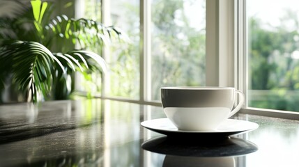 Coffee cup and saucer on glass table by window in cozy morning light home setup