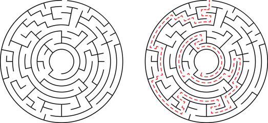 Circular maze with solution shown illustration concept for problem solving and strategy