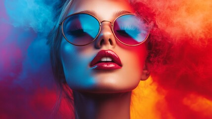 Fototapeta premium Colorful closeup portrait of woman in sunglasses with bold lighting and vibrant makeup glow setup