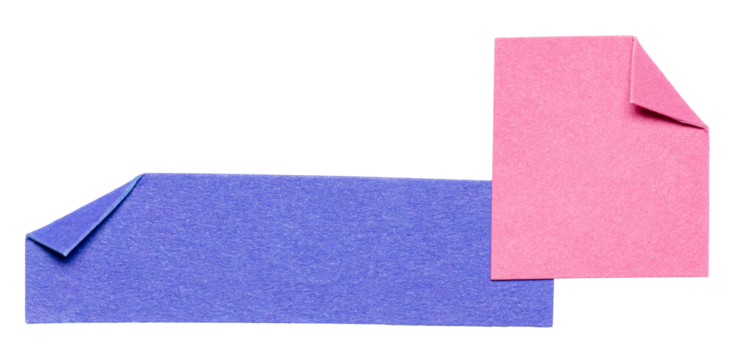 Two overlapping isolated cut out blue pink blank paper notes cardboard with folded corner dog-ear earmark and copy space for text, transparent png background design element