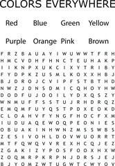 Colorful word search puzzle game featuring all eight colors across a white background