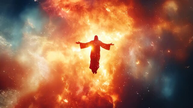 The silhouette of Jesus ascends into a fiery, bright, and heavenly sky, representing divinity and faith.