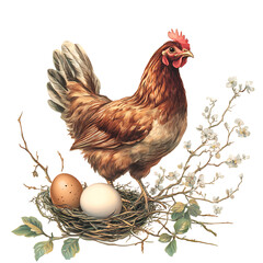 Brown hen with eggs in nest spring flowers isolated on transparent background