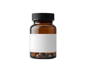 Supplement bottle with blank label. Brown glass container, black cap. Mockup design for medicine pills, vitamins, drugs. Pharmaceutical product template for health care, cosmetics, food supplement.