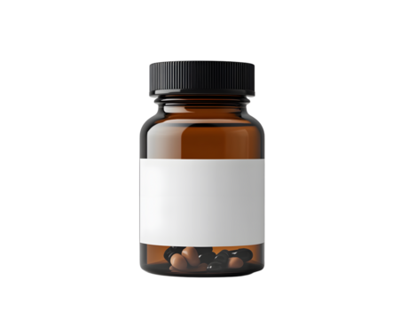 Supplement bottle with blank label. Brown glass container, black cap. Mockup design for medicine pills, vitamins, drugs. Pharmaceutical product template for health care, cosmetics, food supplement.