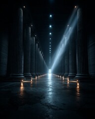 Long empty hallway with repeating columns and lights
