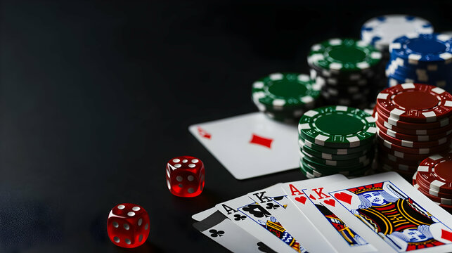 Poker Chips Playing Cards And Dice On Dark Table