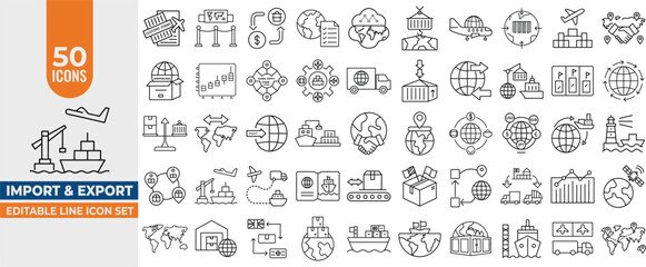 Naklejka premium Import & Export Line Icon Set – 50 Editable Vector Icons for Global Trade, Shipment, Containers & Packages