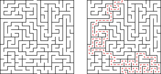 Complex maze with solved path indicating route and strategic problem solving concept