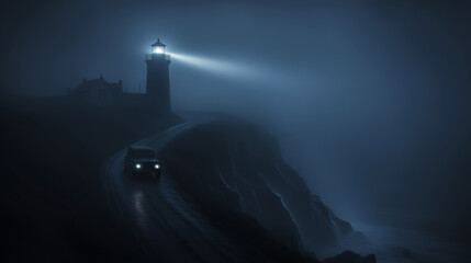 Pickup Truck Driving on Coastal Cliff Road Near Lighthouse in Heavy Fog