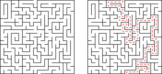 Complex maze illustration showing both initial maze and completed path with red lines