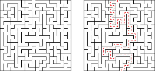 Maze challenge showing unsolved and solved pathways with complex design and clarity