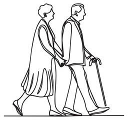 Elegant continuous line art drawing of elderly couple walking hand in hand with cane symbol of enduring love