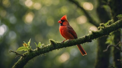 Bright Red Cardinal Perched in a Lush, Sun-Dappled Woodland