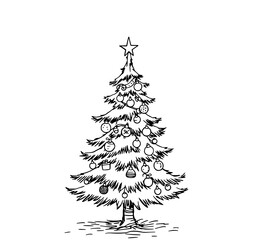 Obraz premium Decorated Christmas Tree: A charming black and white line art illustration of a festive Christmas tree adorned with ornaments, a star, and showcasing a hand-drawn style.